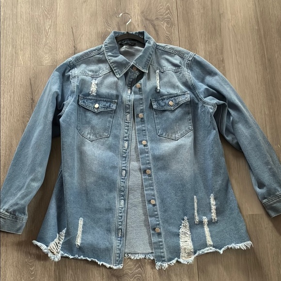 Distressed Denim long button up Jacket shirt #D016 - Picture 1 of 7